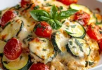 A delicious homemade chicken zucchini bake with melted cheese and herbs.