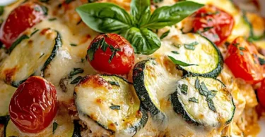 A delicious homemade chicken zucchini bake with melted cheese and herbs.