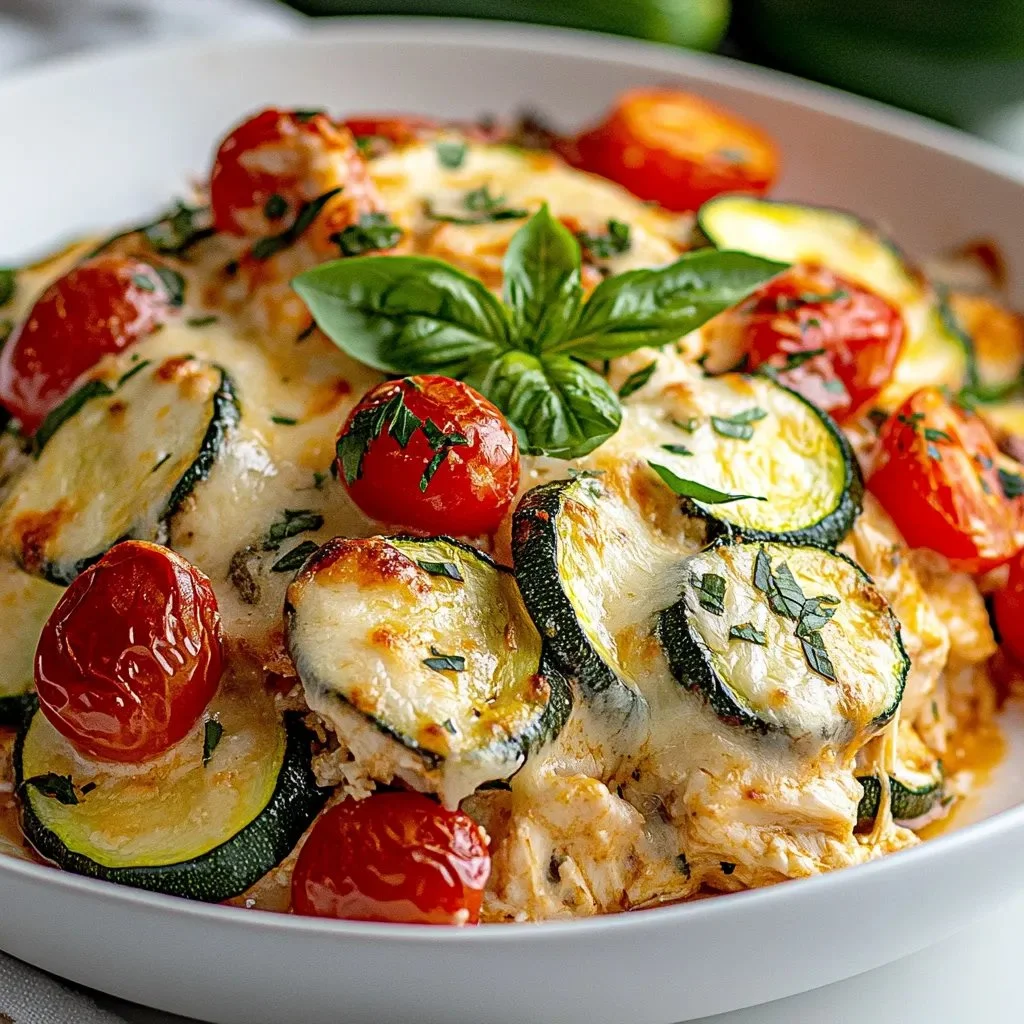 A delicious homemade chicken zucchini bake with melted cheese and herbs.