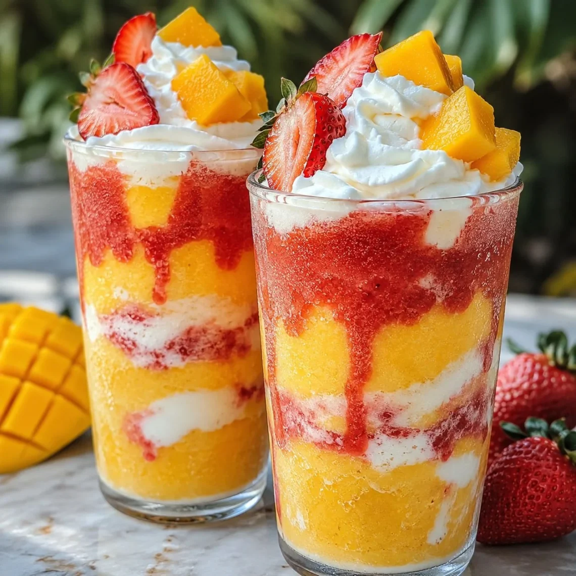 Layered Mango Strawberry Cream Drink featuring vibrant colors and creamy texture