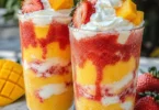 Layered Mango Strawberry Cream Drink featuring vibrant colors and creamy texture