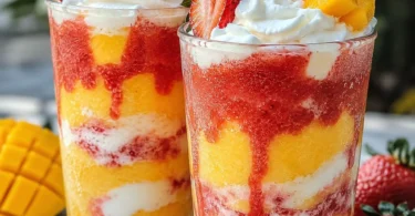 Layered Mango Strawberry Cream Drink featuring vibrant colors and creamy texture