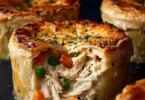Mini chicken pot pies with flaky crust and savory filling ready to serve.