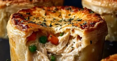 Mini chicken pot pies with flaky crust and savory filling ready to serve.