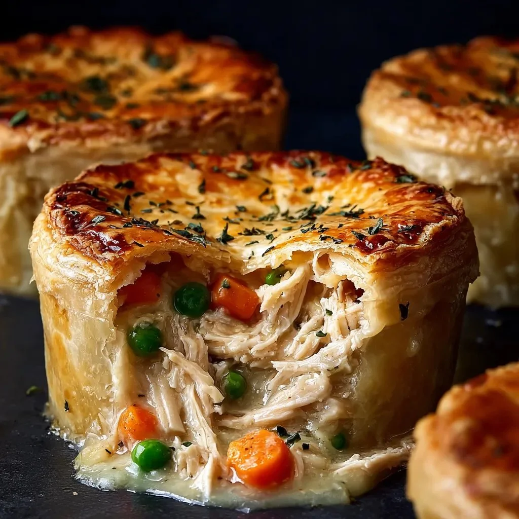 Mini chicken pot pies with flaky crust and savory filling ready to serve.