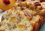 Loaf of homemade Peach Pecan Bread with fresh peaches and pecans