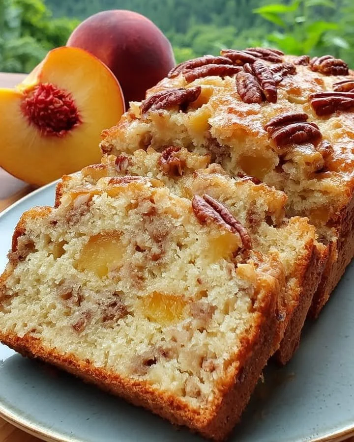Loaf of homemade Peach Pecan Bread with fresh peaches and pecans
