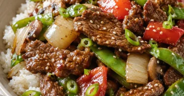 Delicious pepper steak served with colorful vegetables on a plate