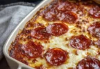 Pizza Style Cottage Cheese Bake topped with vegetables and herbs