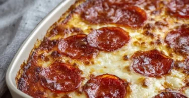 Pizza Style Cottage Cheese Bake topped with vegetables and herbs