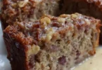 Slice of rhubarb coffee cake drizzled with butter cream sauce