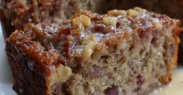 Slice of rhubarb coffee cake drizzled with butter cream sauce