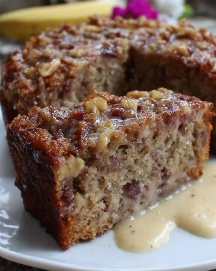 Slice of rhubarb coffee cake drizzled with butter cream sauce