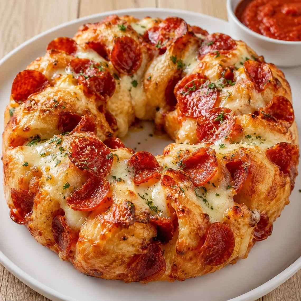 Savory pepperoni pizza monkey bread with melted cheese and pepperoni slices.