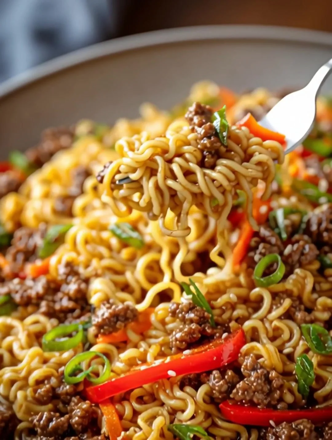 Delicious slow cooker beef ramen noodles served in a bowl with fresh vegetables.
