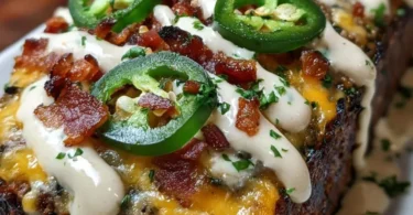 Smoky jalapeno popper meatloaf topped with a creamy ranch drizzle